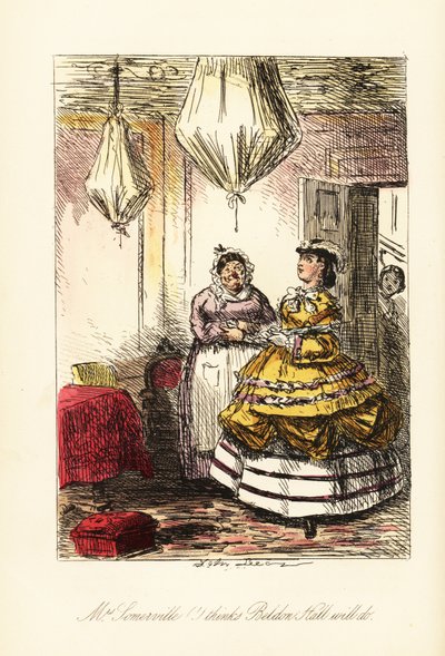 Englische Dame begutachtet ein elegantes Zimmer mit abgedeckten Möbeln und Kronleuchtern in braunen Hollandballons von John (after) Leech
