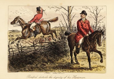 Jäger springt mit einem alten Gaul über einen Zaun und stört das Rudel der Hunde von John (after) Leech