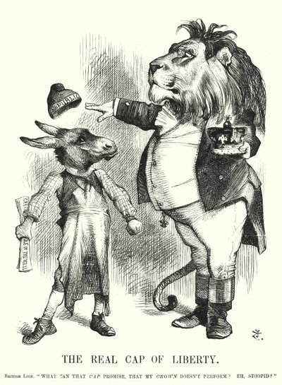Punch-Karikatur: Die wahre Freiheitskappe - die Überlegenheit der konstitutionellen Monarchie Großbritanniens über den Republikanismus (Gravur) von John (after) Tenniel