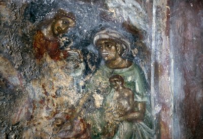Fresko der Heiligen Familie in der byzantinischen Kirche Ayios Stephanos, Drakona, Kreta, Griechenland von Walter Charles Mills