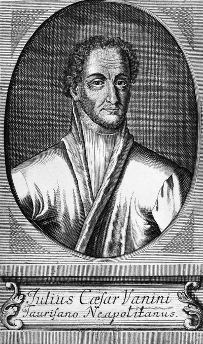 Porträt von Lucilio Vanini, bekannt als Giulio Cesare Vanini (1585-1619), italienischer Philosoph, Arzt und Freidenker, der einer der ersten bedeutenden Vertreter des intellektuellen Libertinismus war, Gravur von Walter Charles Mills
