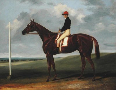 Kastanienbraunes Fohlen mit Jockey und Startpfosten von John Alfred Wheeler