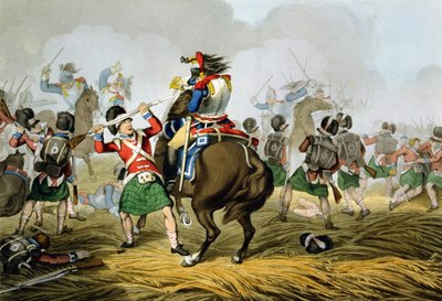 Französische Kürassiere in der Schlacht von Waterloo, angegriffen und besiegt von den Highlandern und Scots Greys, graviert von Matthew Dubourg aus 