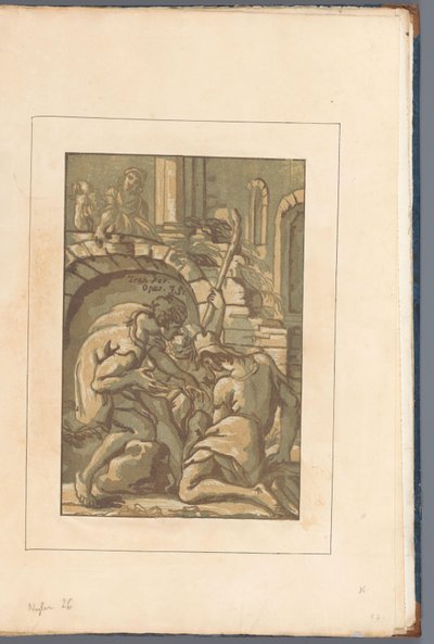 Drei Figuren bei einem Bogen Amicis suis necnon unicuique (...) (Serientitel auf Objekt) von John B. Skippe