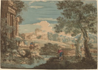 Heroische Landschaft mit Fischer, Kühen und Reitern von John Baptist Jackson after Marco Ricci