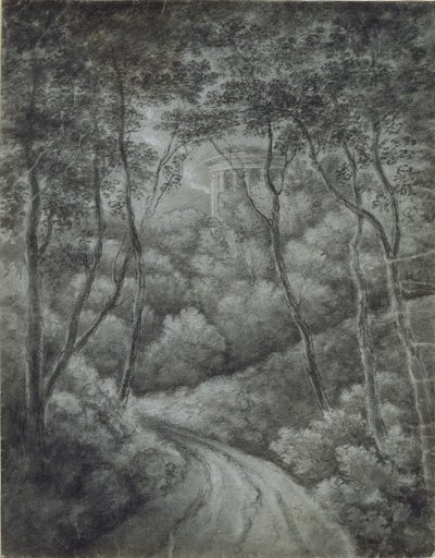 Landschaft mit einem Pfad durch einen Wald und einem klassischen Tempel von John Baptist Malchair