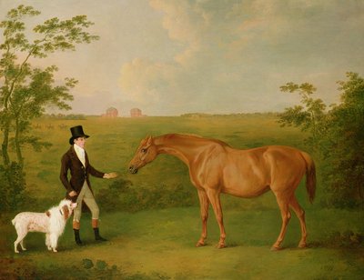 Ein Herr mit einem weißen Hund und einer kastanienbraunen Stute in einer Landschaft von John Boultbee