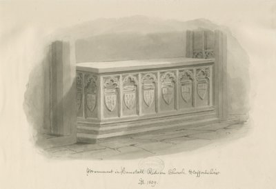 Hamstall Ridware Church - Denkmal: Sepiawaschzeichnung, 1839 von John Buckler
