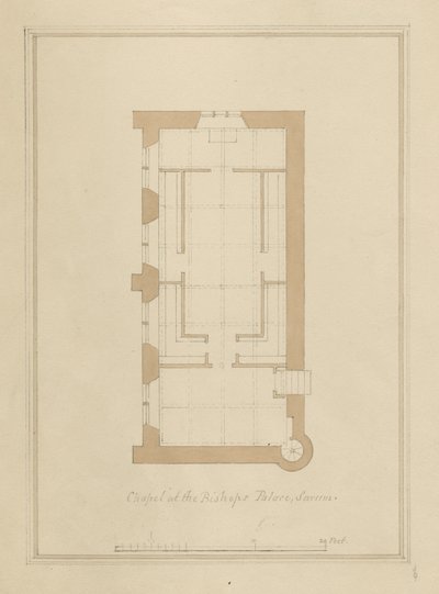 Wiltshire - Sarum - Plan des Bischofspalastes: kolorierte Sepia-Zeichnung von John Buckler