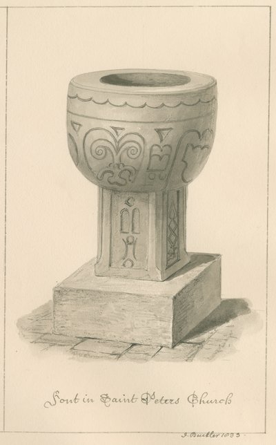 Worcestershire - Droitwich - Taufbecken der St. Peter Kirche: Sepiazeichnung, 1833 von John Buckler