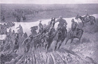 Artillerie durchquert den Caledon bei Karreepoort Drift, Illustration aus After Pretoria: The Guerilla War, 1902 von John Charlton
