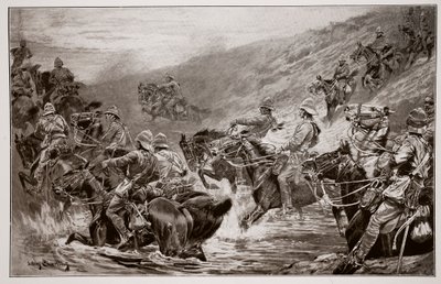 Der Ansturm auf Kimberley - Die 10. Husaren überqueren Klip Drift, nach einer Skizze von G.D. Giles von John Charlton