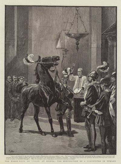 Das Pferderennen oder Palio in Siena, die Segnung eines Teilnehmers in der Kirche von John Charlton