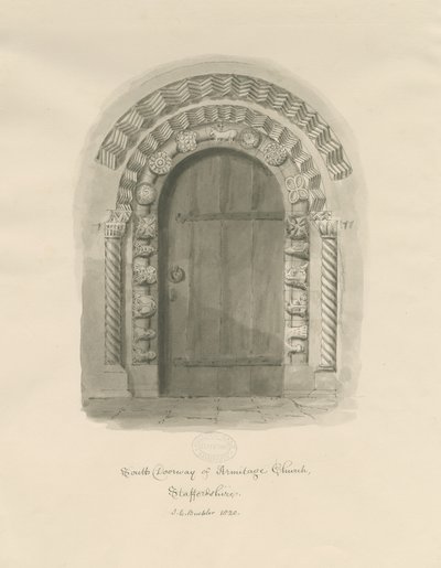 Armitage Kirche - Südportal: Sepia-Zeichnung von John Chessell Buckler