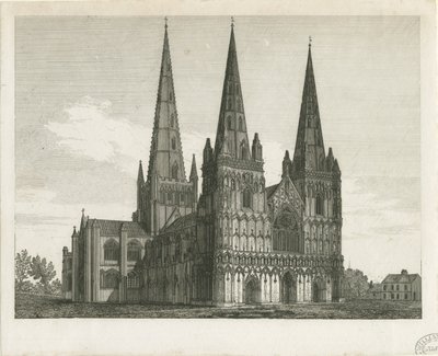 Lichfield-Kathedrale - Westfront: Gravur, nd [frühes 19. Jahrhundert] (Druck) von John Chessell Buckler