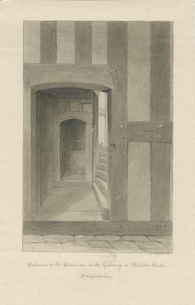 Pillaton Hall - Innenansicht des Torhauses: Sepiazeichnung von John Chessell Buckler