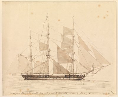 Eine 50-Kanonen-Fregatte mit gehissten Stagsegeln, ruhig und schön, Mitte des 19. Jahrhunderts von John Christian Schetky
