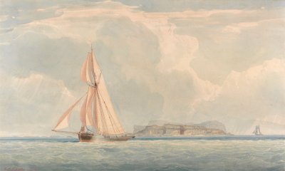 Boot segelt nach links mit Insel im Hintergrund von John Christian Schetky