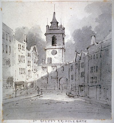 Kirche St. Giles ohne Cripplegate von der Fore Street, City of London, 1790 von John Claude Nattes