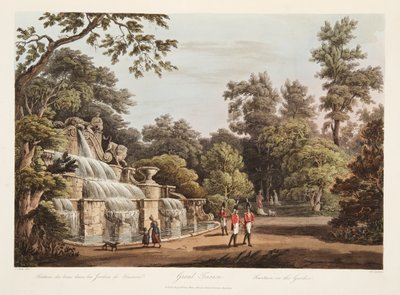 Grand Trianon, Brunnen im Garten, Illustration aus Versailles, Paris und Saint Denis, veröffentlicht 1805 von John Claude Nattes