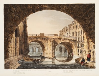 Ansicht unter dem ersten Bogen der Brücke des Hôtel-Dieu, die Kleine Brücke, Teil des Hôtel-Dieu, Illustration aus Versailles, Paris und Saint Denis, veröffentlicht 1809 von John Claude Nattes