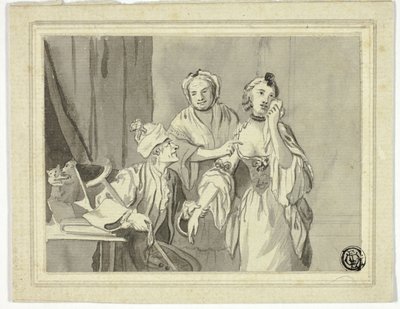 Literarische Illustration: Alter Mann hält junge Frau zurück, die von älterer Frau begleitet wird von John Collet