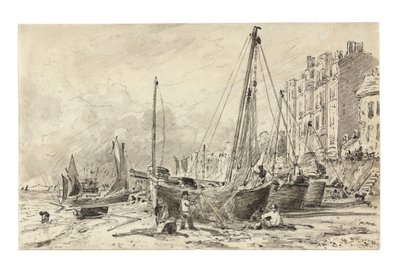 Gestrandete Fischerboote mit Fischern, die Netze am Strand von Brighton reparieren, Blick nach Westen, ca. 1824-28 von John Constable