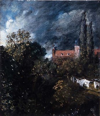 Blick in einen Garten mit einem roten Haus im Hintergrund von John Constable