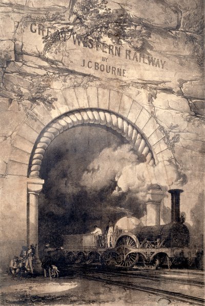 Acheron 2-2-2 Lokomotive, die aus einem Tunnel in der Nähe von Bristol auftaucht, Frontispiz zu The History and Description of the Great Western Railway, 1846 von John Cooke Bourne