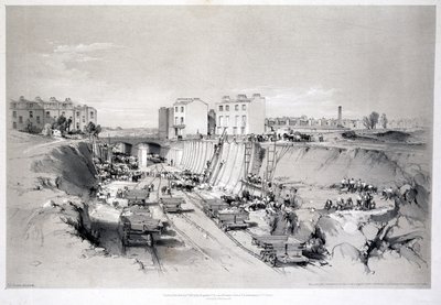 Bau der Stützmauern in der Park Street, Camden Town, 1836 von John Cooke Bourne