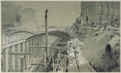 Bau der Stützmauern in der Park Street, Camden Town, September 1836 von John Cooke Bourne