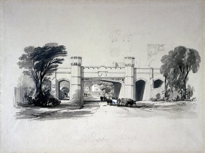 Rugby Eisenbahnbrücken von der Straße aus gesehen, Warwickshire, April 1839 von John Cooke Bourne