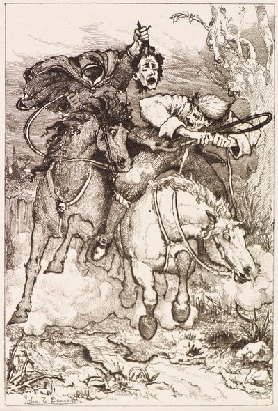 Zwei galoppierende Reiter [einer trägt seinen eigenen Kopf] von John Duncan