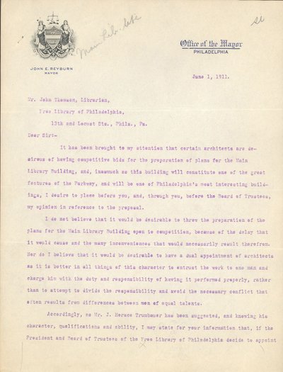 Brief von Bürgermeister John Reyburn an Bibliothekar John Thomson zur Genehmigung von Horace Trumbauer als Architekt des Hauptbibliotheksgebäudes, 1. Juni von John E. Reyburn