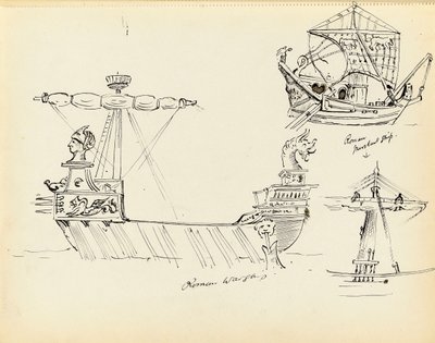 Skizze eines römischen Kriegsschiffs, Teil eines römischen Handelsschiffs und eines Schiffes mit gesetztem Segel, frühes 20. Jahrhundert von John Everett