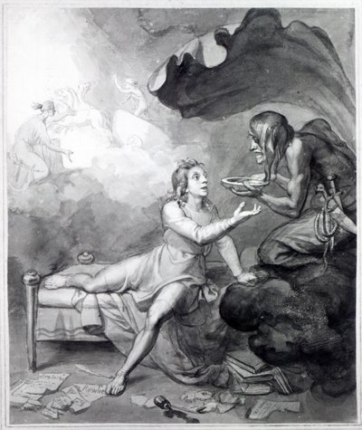 Thomas Chatterton erhält eine Schale Gift von Verzweiflung (Feder, Tinte und Waschung auf Papier) von John Flaxman