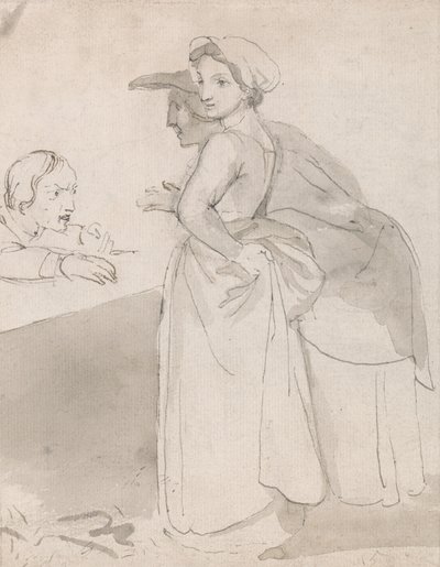 Zwei Frauen sprechen mit einem Mann an einem Tresen von John Flaxman