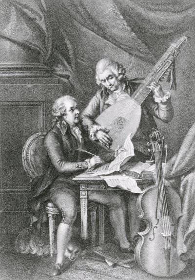 Porträt von Franz Joseph Haydn und Wolfgang Amadeus Mozart, Musik für die Laute komponierend, graviert von Michele Benedetti von John Francis Rigaud