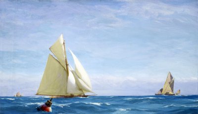 Ein großes Segelboot und eine Barke auf der Themse, vor der Küste eines Hafens, um 1910 von John Fraser