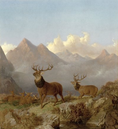 Detail von Hirschen und Hirschkühen in einer Hochlandlandschaft, 1864 von John Frederick Herring Junior