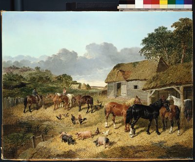 Pferde trinken aus einem Wassertrog, mit Schweinen und Hühnern in einem Bauernhof von John Frederick Herring Junior