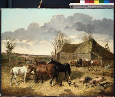 Pferde fressen aus einer Krippe, mit Schweinen und Hühnern in einem Bauernhof von John Frederick Herring Junior