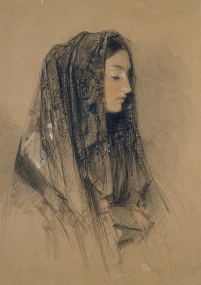 Kopf eines italienischen Mädchens in einer Mantilla, 1838 von John Frederick Lewis
