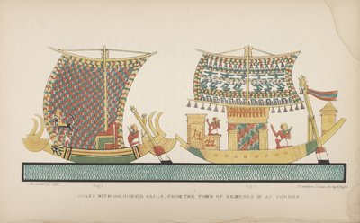 Boote mit farbigen Segeln, aus dem Grab von Ramses III. in Theben, Illustration aus "Sitten und Gebräuche der alten Ägypter...", 1837-41 von John Gardner Wilkinson