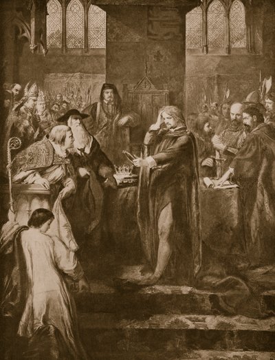 König Richard II. übergibt die Krone an seinen Cousin Bolingbroke, Illustration aus 