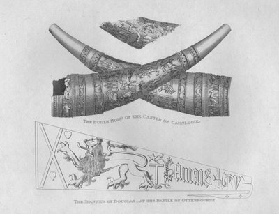 Das Signalhorn der Burg Carslogie & Das Banner von Douglas in der Schlacht von Otterbourne von John Greig
