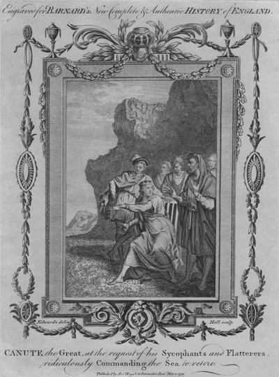 Knut der Große, auf Wunsch seiner Schmeichler und Schmeichlerinnen, lächerlich das Meer befehlend von John Hall