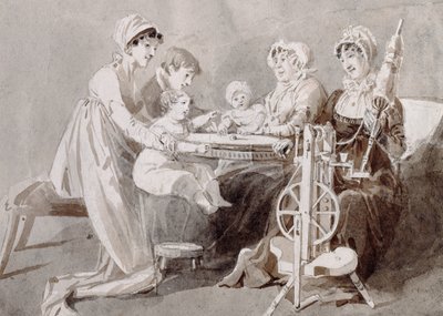 Eine Frau mit ihrer Familie am Spinnrad von John Harden