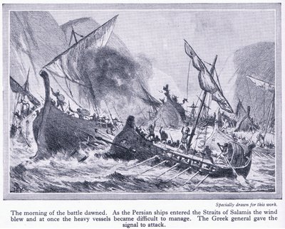 Schlacht von Salamis: Als die persischen Schiffe in die Meerenge von Salamis einfuhren, wehte der Wind und sie wurden schwer zu manövrieren, ca. 1950 von John Harris Valda