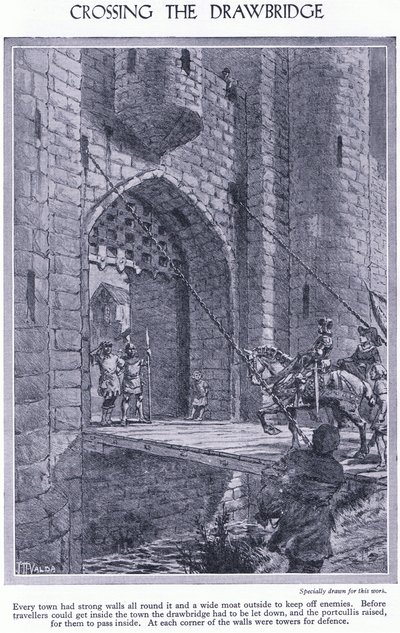 Überquerung der Zugbrücke, jede Stadt hat starke Mauern und einen Graben, eine Zugbrücke und ein Fallgatter zur Verteidigung, ca. 1950 von John Harris Valda